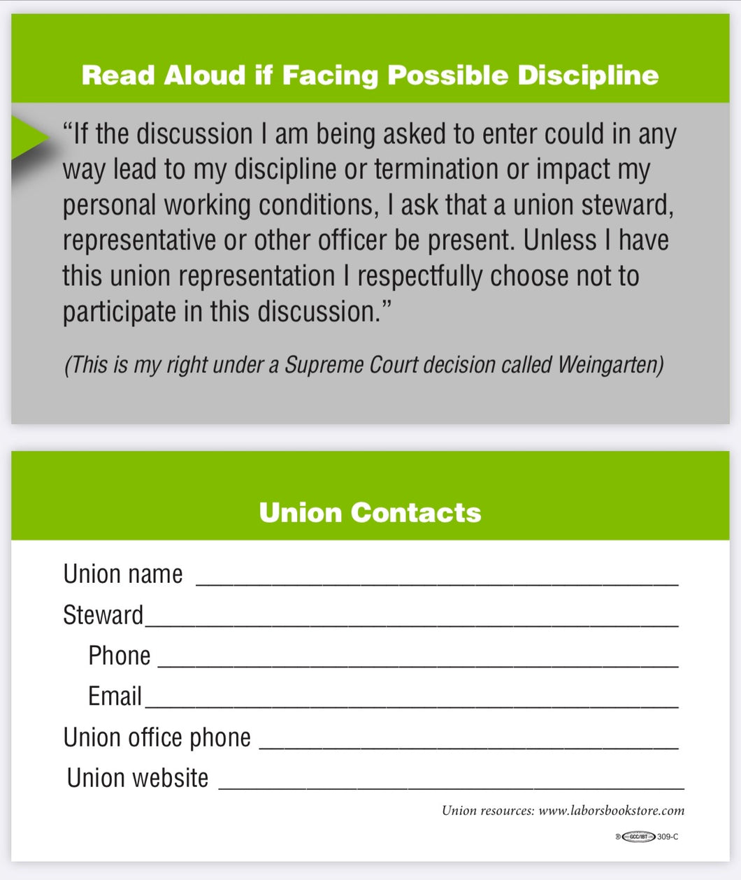 Union Steward Business Cards with Weingarten Rights - 100 count - Double sided